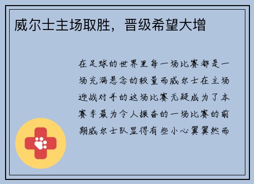 威尔士主场取胜，晋级希望大增