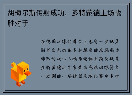 胡梅尔斯传射成功，多特蒙德主场战胜对手