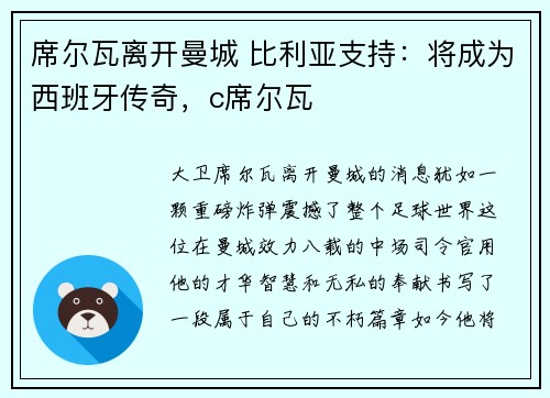席尔瓦离开曼城 比利亚支持：将成为西班牙传奇，c席尔瓦