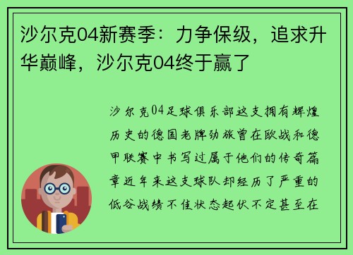 沙尔克04新赛季：力争保级，追求升华巅峰，沙尔克04终于赢了