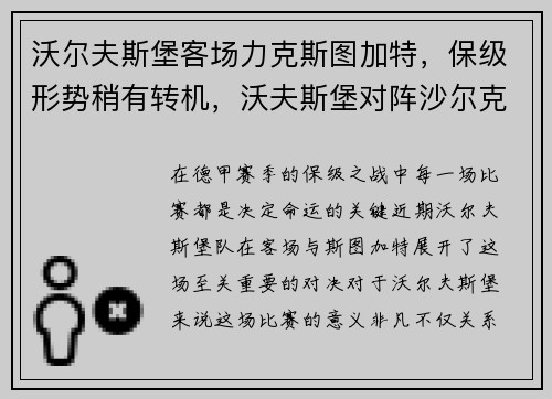 沃尔夫斯堡客场力克斯图加特，保级形势稍有转机，沃夫斯堡对阵沙尔克04