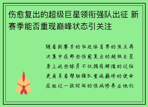 伤愈复出的超级巨星领衔强队出征 新赛季能否重现巅峰状态引关注 伤愈复出的超级巨星领衔强队出征 新赛季能否重现巅峰状态引关注