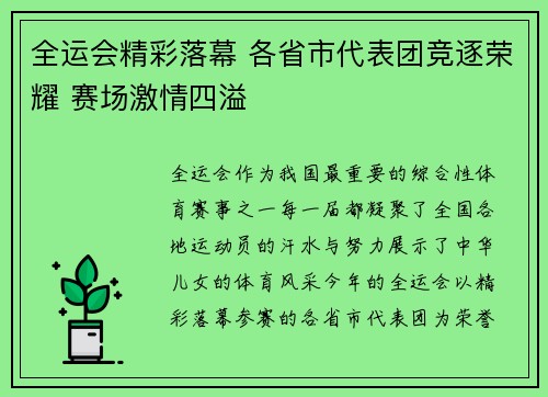 全运会精彩落幕 各省市代表团竞逐荣耀 赛场激情四溢
