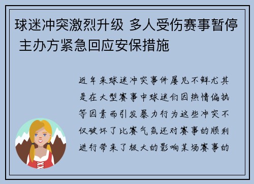 球迷冲突激烈升级 多人受伤赛事暂停 主办方紧急回应安保措施 球迷冲突激烈升级 多人受伤赛事暂停 主办方紧急回应安保措施